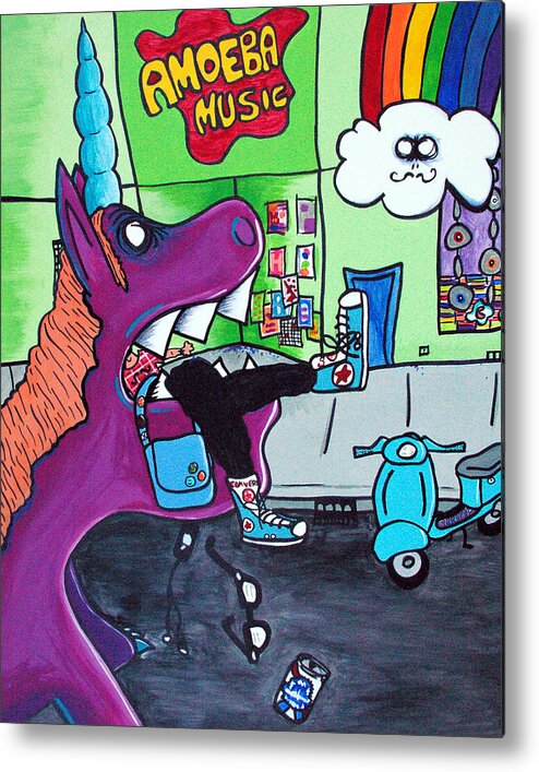 Unicorn Metal Print featuring the painting Unicorn Eating a Hipster by Jera Sky