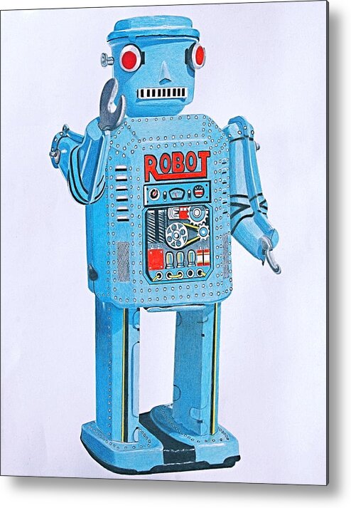 Robot Metal Print featuring the drawing Wind-up Robot by Glenda Zuckerman