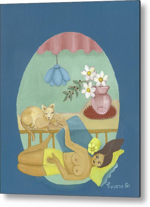 Yellow Sunbath With Brown Cat Metal Print featuring the painting Yellow Sunbath with brown cat by Rachel Hershkovitz