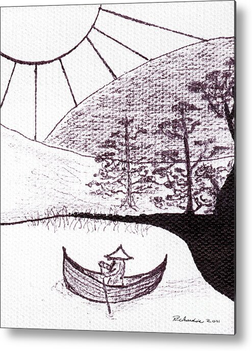 Abstract Metal Print featuring the painting Zen Sumi Asian Lake Fisherman Black Ink on White Canvas by Ricardos Creations