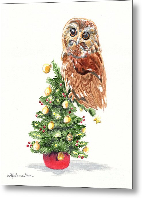 Christmas Metal Print featuring the painting Christmas Owl #1 by LeAnne Sowa