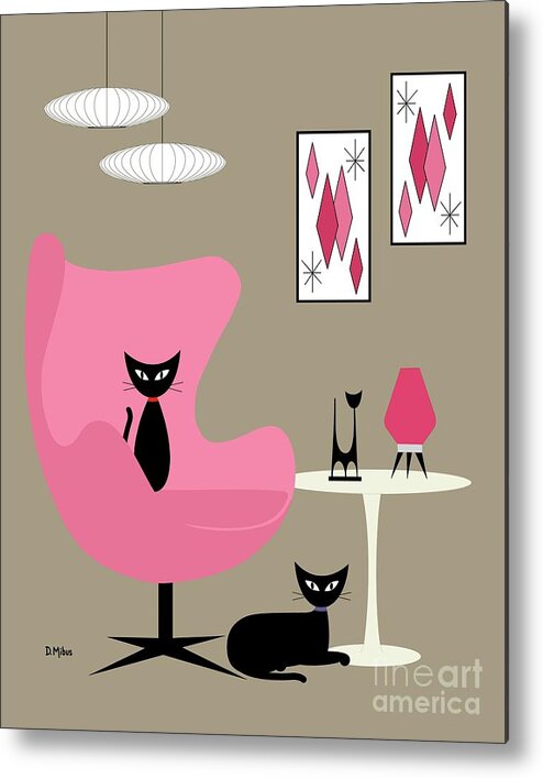  Metal Print featuring the digital art Pink Egg Chair with Two Cats by Donna Mibus
