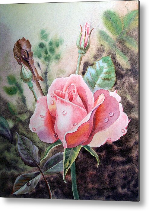 Pink Metal Print featuring the painting Pink Rose with Dew Drops by Irina Sztukowski