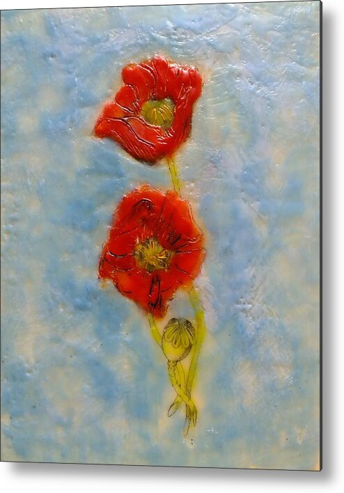 Encaustic Metal Print featuring the painting Poppies #1 by Peggy King