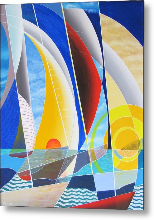Sails Metal Print featuring the painting Red Sail in the Sunset #1 by Douglas Pike