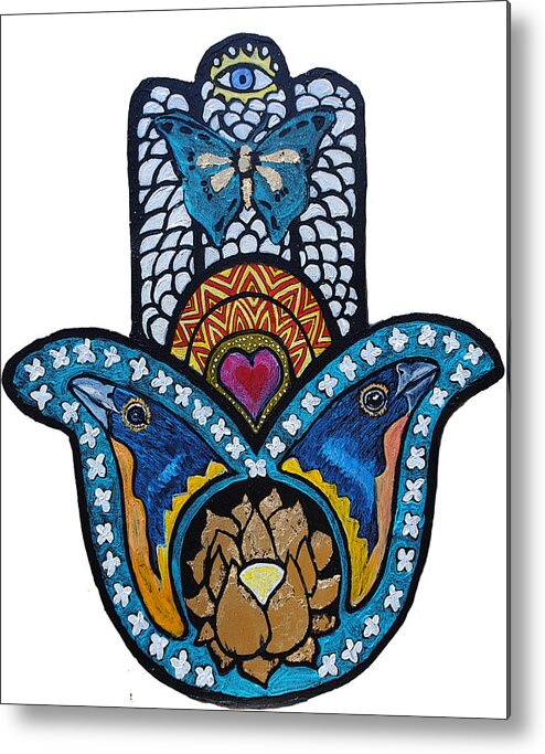 Hamsa Metal Print featuring the painting The Blue Bunting Hamsa by Patricia Arroyo