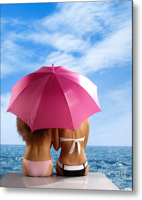 Beach Metal Print featuring the photograph Two Women Relaxing on a Shore #1 by Maxim Images Exquisite Prints