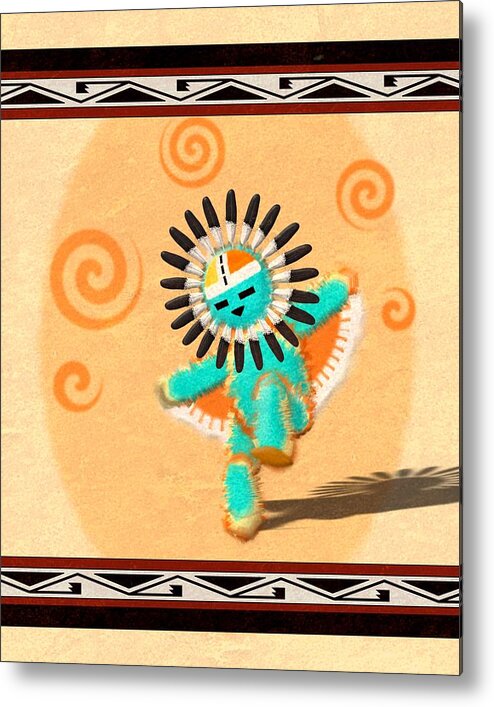 Native American Indian Metal Print featuring the digital art Dancing Hopi Sun Face Kachina Doll by John Wills