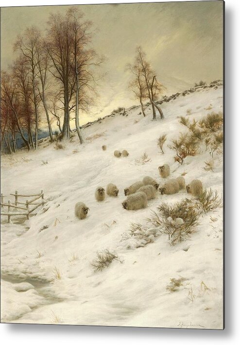 A Flock Of Sheep In A Snowstorm Metal Print featuring the painting A Flock of Sheep in a Snowstorm by Joseph Farquharson