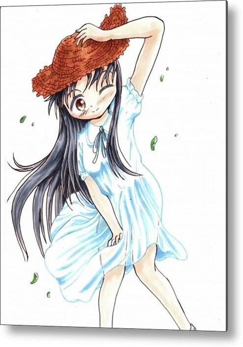 Illustraion Metal Print featuring the drawing A girl wearing a white dress by Hisashi Saruta