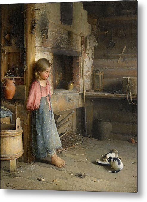 Ivan Lavrentievich Gorokhov Russia 1863-1934 A Girl With Kittens Metal Print featuring the painting A girl with kittens by MotionAge Designs