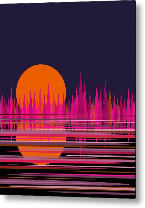 Abstract Moon Rise In Pink Metal Print featuring the digital art Abstract Moon Rise in Pink by Val Arie