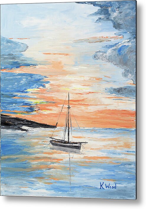 Sailboat Metal Print featuring the painting Anchored at Sunset by Ken Wood