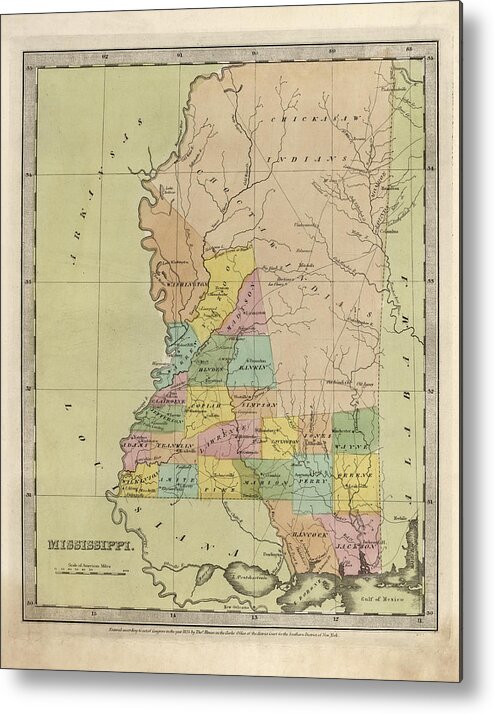 Mississippi Metal Print featuring the drawing Antique Map of Mississippi by David Burr - 1835 by Blue Monocle