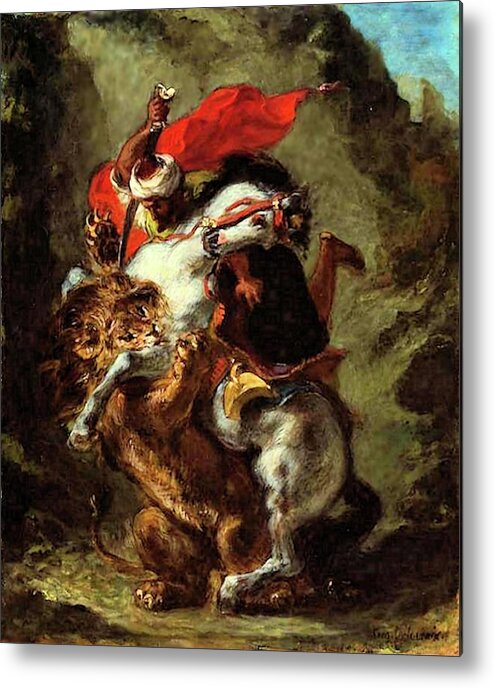 Arab Metal Print featuring the painting Arab Horseman Attacked by a Lion by Eugene Delacroix