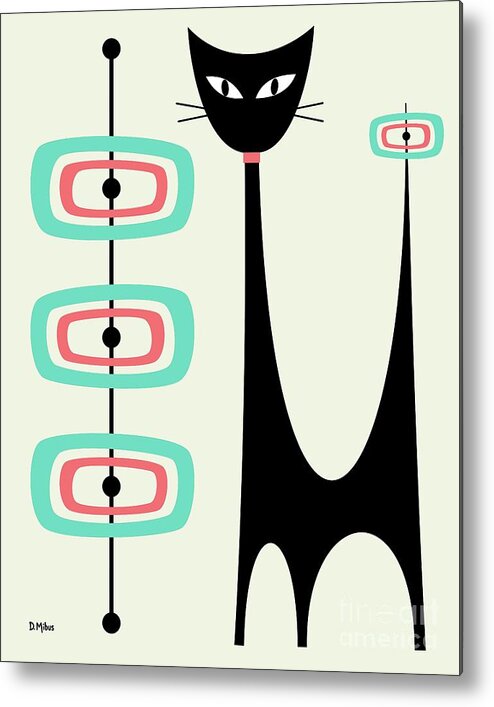 Mid Century Modern Metal Print featuring the digital art Atomic Cat Orbs Aqua and Pink on Cream by Donna Mibus