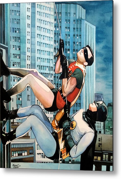 Batman Metal Print featuring the painting Batman and Robin Scaling the Wall by Michael Pattison