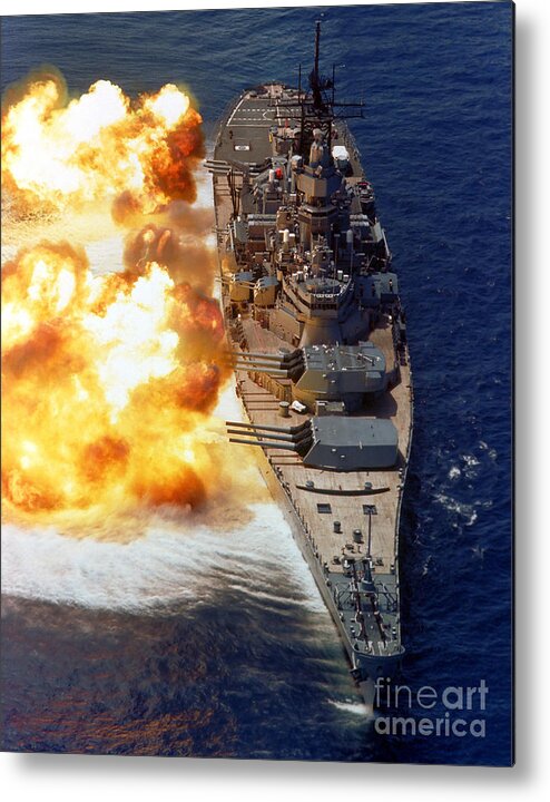 Vertical Metal Print featuring the photograph Battleship Uss Iowa Firing Its Mark 7 by Stocktrek Images