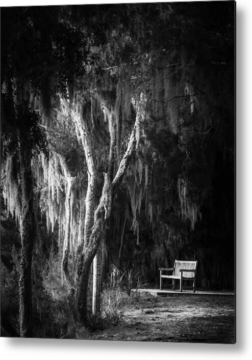 Bench Metal Print featuring the photograph Bench At Sunset in Black and White by Greg and Chrystal Mimbs