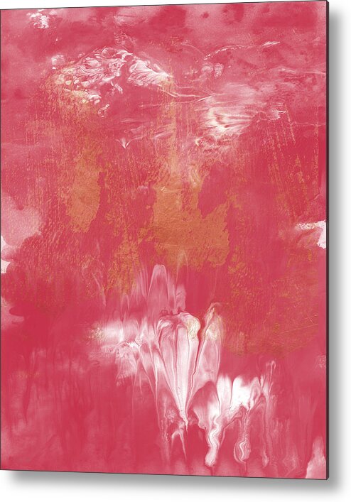 Abstract Contemporary Modern Color Field Berry Pink Rose White Gold Home Decorairbnb Decorliving Room Artbedroom Artcorporate Artset Designgallery Wallart By Linda Woodsart For Interior Designersbook Coverpillowtotehospitality Arthotel Artpottery Barn Artcrate And Barrel Artwest Elm Artikea Art Metal Print featuring the painting Berry and Gold- Abstract Art by Linda Woods by Linda Woods