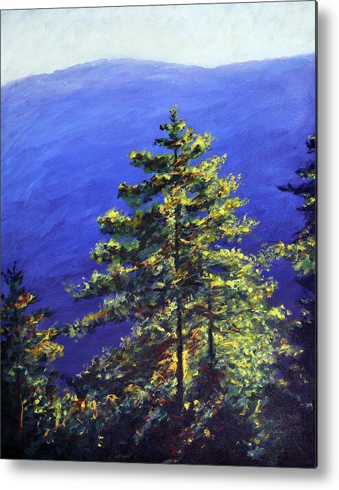 Pine Trees Metal Print featuring the painting Bhutan series - Pine trees and blue mountains by Uma Krishnamoorthy