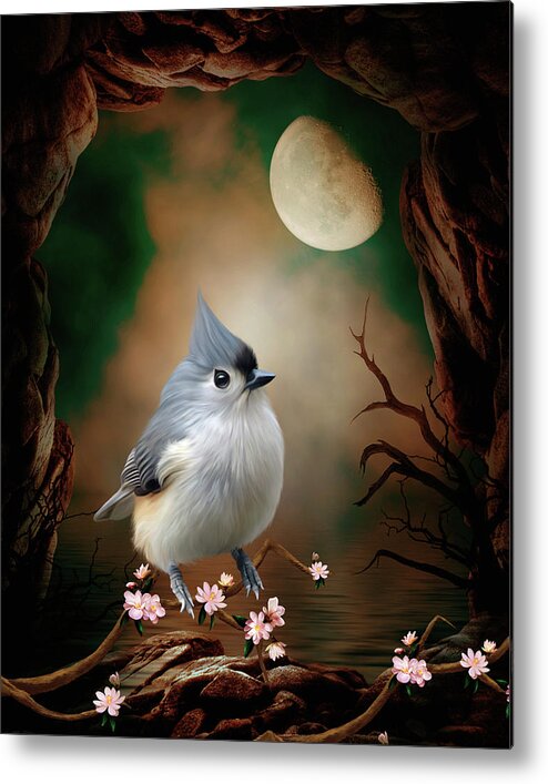 Bird -stunning Titmouse In The Moonlight Metal Print featuring the digital art Bird - Titmouse in the moonlight by John Junek