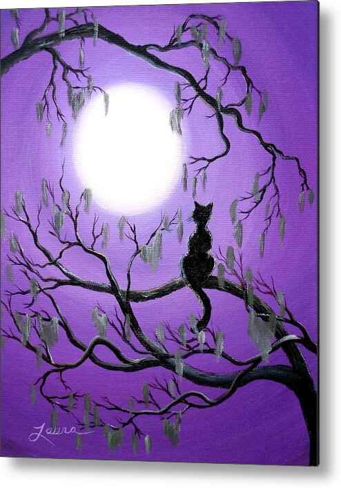 Painting Metal Print featuring the painting Black Cat in Mossy Tree by Laura Iverson