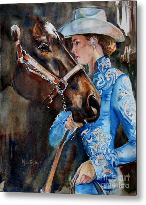 Horse Art Metal Print featuring the painting Black Horse and Cowgirl  by Maria Reichert