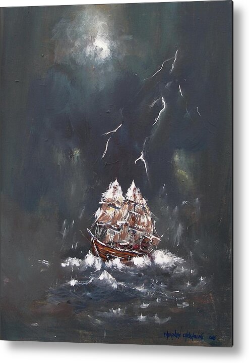 Black Storm Ship Canvas Wave Night Sea Ocean Thunderstorm Seascape Painting Print Moon Light Lightning Danger Boat Sail Water Shore Sailing Element Nautical Navigate Sail Cloth Metal Print featuring the painting Black Storm by Miroslaw Chelchowski