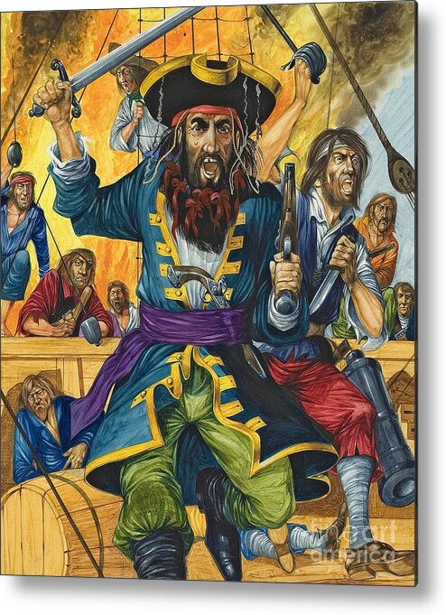 Pirate; Black Beard; Pirates; Captain; Sailors; Sailor; Sailing Ship; Traditional Costume; Fierce; Deck; Sword; Pistol; Gun Metal Print featuring the painting Blackbeard by Richard Hook