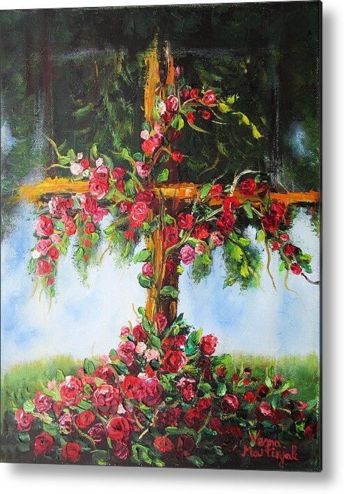 Cross Metal Print featuring the painting blooming Cross by Vesna Martinjak