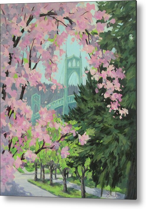 Bridge Metal Print featuring the painting Blossoming Bridge by Karen Ilari