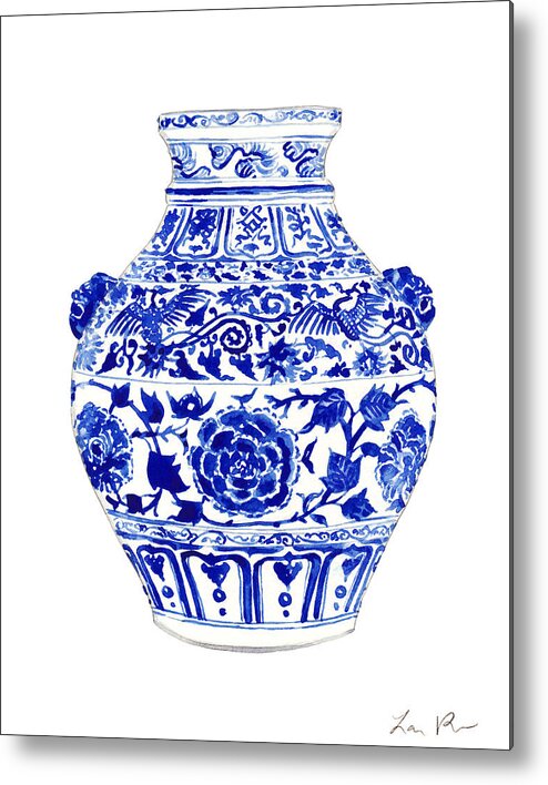 Blue And White China Metal Print featuring the painting Blue and White Ginger Jar Chinoiserie 4 by Laura Row