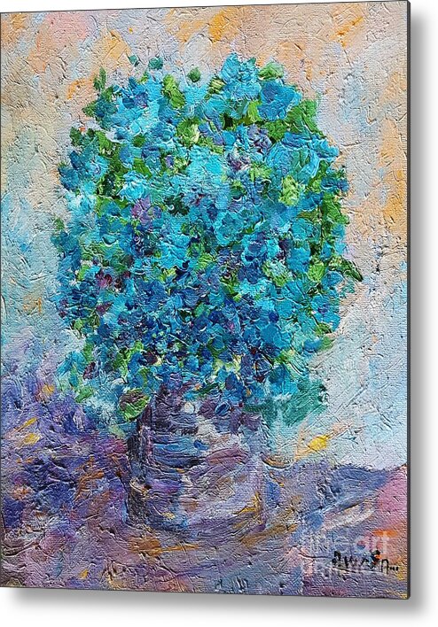 Still Life Metal Print featuring the painting Blue flowers in a vase by Amalia Suruceanu