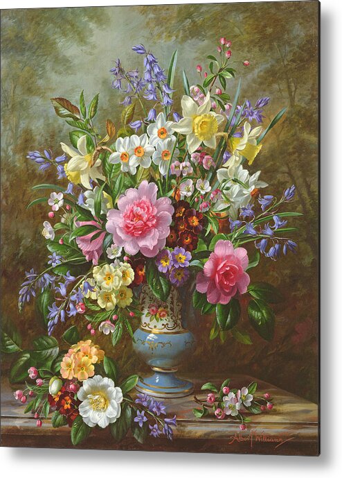 Spring Metal Print featuring the painting Bluebells daffodils primroses and peonies in a blue vase by Albert Williams