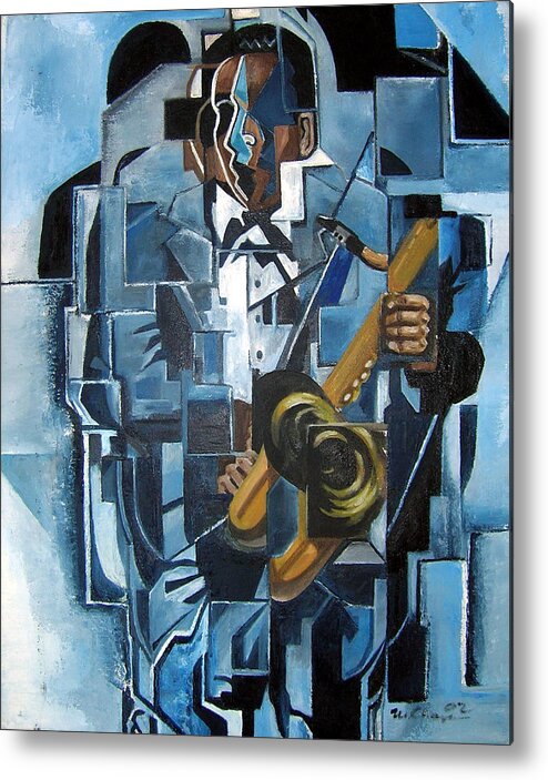 John Coltrane Blue Jazz Saxophone Cubism Metal Print featuring the painting Blues Trane by Martel Chapman