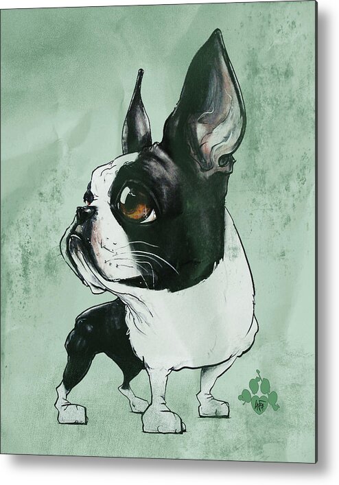 Boston Terrier Metal Print featuring the drawing Boston Terrier - Green by John LaFree