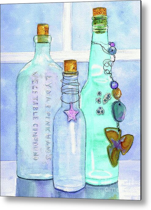 Bottles Metal Print featuring the painting Bottles with Barnacles by Midge Pippel