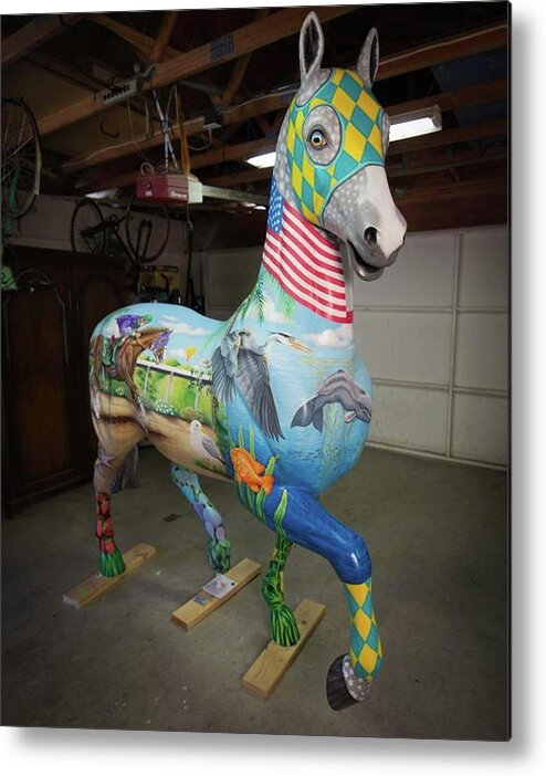 Painting Mural Life Size Fiberglass Horse Statue Breeders Cup 2017 Art Of The Horse California Harmony Waves Beach California State Flag Fish Poppy Poppies Us Flag Egret Grey Whale Blue Heron Horse Mask Race Horse California Chrome Palm Trees Tish Wynne Metal Print featuring the painting Breeders Cup Fiberglass HorseFront Right by Tish Wynne