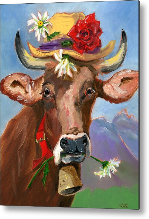 Cows Metal Print featuring the painting Brown Swiss in Summer Hat by Susan Thomas