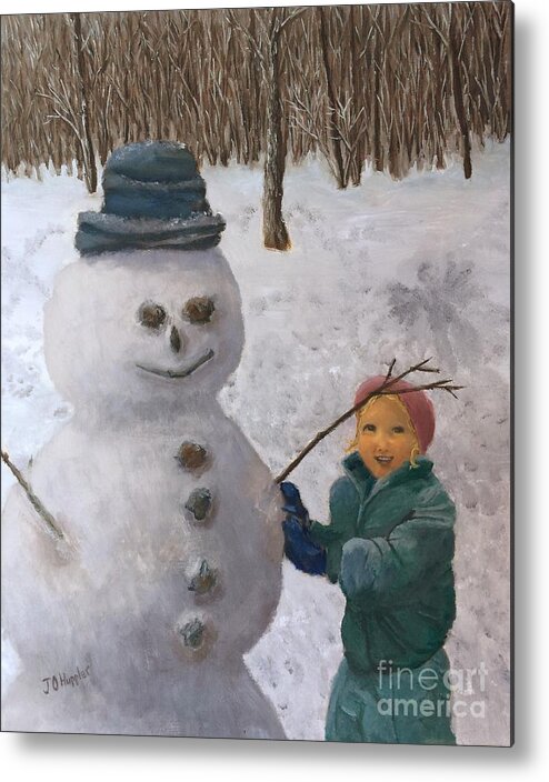 Child Metal Print featuring the painting Building a Snowman by J O Huppler