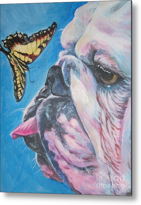 Bulldog Metal Print featuring the painting Bulldog and butterfly by Lee Ann Shepard