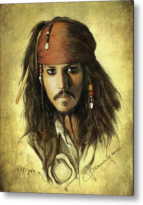 Face Metal Print featuring the drawing Captain Jack Sparrow by Jaroslaw Blaminsky