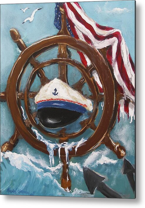 Captain's Home American Flag Ocean Wave Water Hat Seagulls Sea Abstract Painting Acrylic Print Anchor Helm Blue Brown Ship Cruise Seascape Sailing Metal Print featuring the painting Captain's Home by Miroslaw Chelchowski