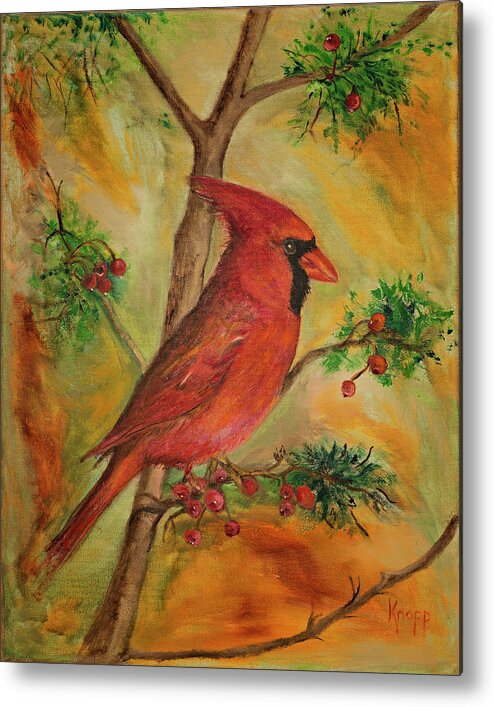 The Big Beautiful Red Cardinal Metal Print featuring the painting Cardinal by Kathy Knopp
