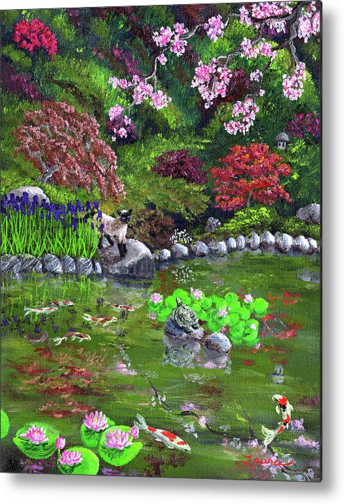 Zen Metal Print featuring the painting Cat Turtle and Water Lilies by Laura Iverson
