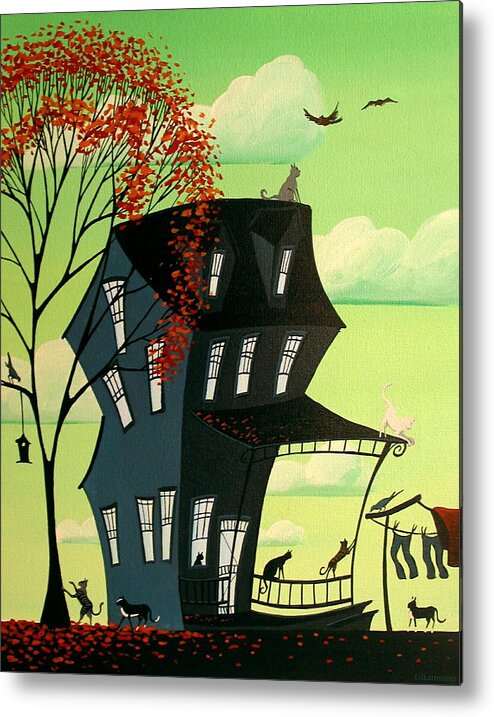 Folk Art Metal Print featuring the painting Cats And Birds by Debbie Criswell