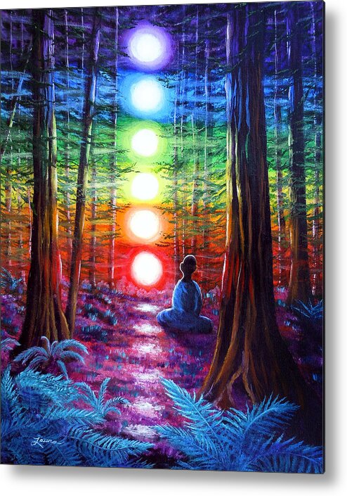 Zen Metal Print featuring the painting Chakra Meditation in the Redwoods by Laura Iverson