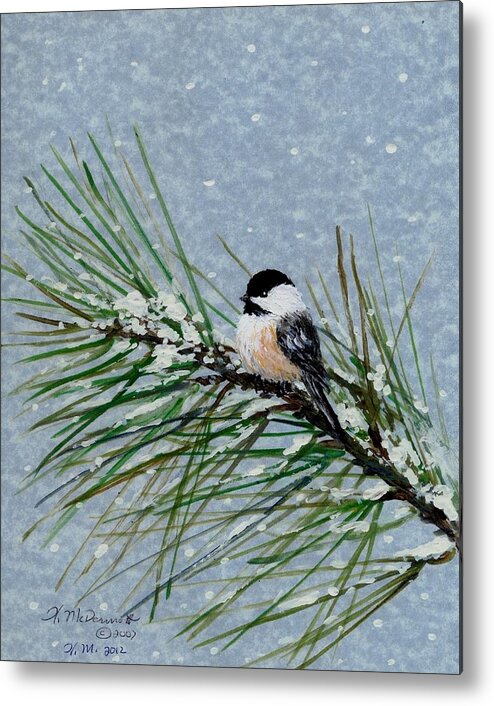 Chickadee Metal Print featuring the painting Chickadee Set 8 - Bird 2 - Snow Chickadees by Kathleen McDermott