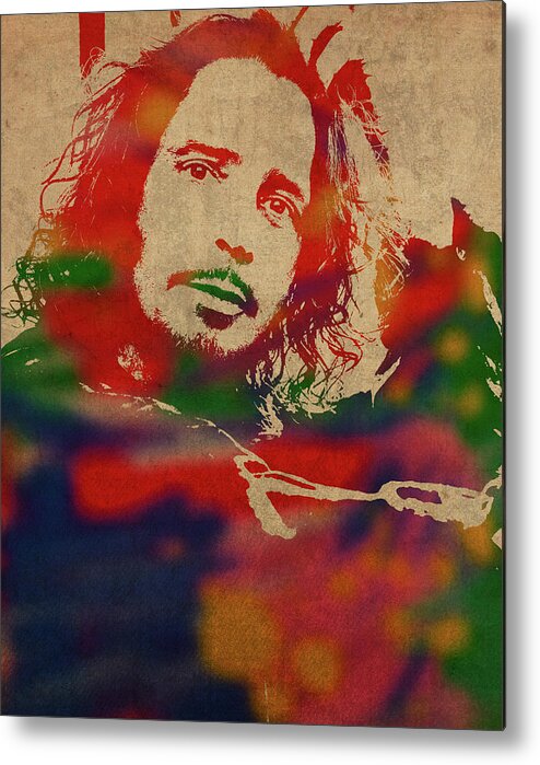 Chris Cornell Metal Print featuring the mixed media Chris Cornell Soundgarden Watercolor Portrait by Design Turnpike